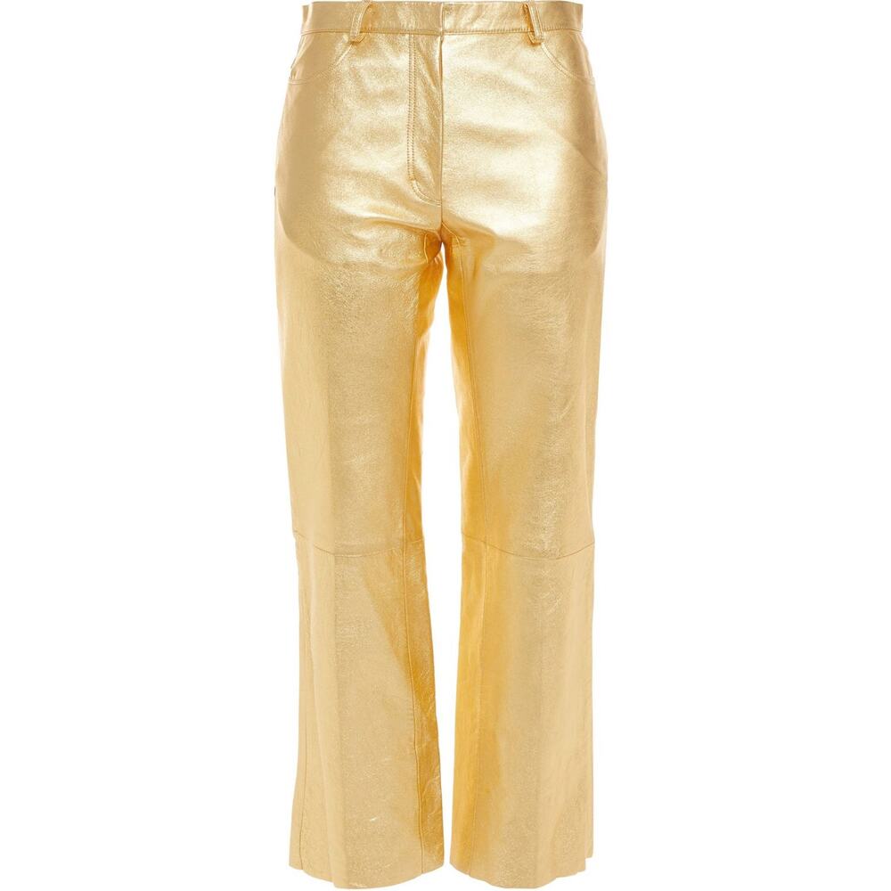 Sandro Metallic Lambskin Leather Kick Flare Pants Gold Ankle Crop FR 36 US 4 NWT - Picture 2 of 16